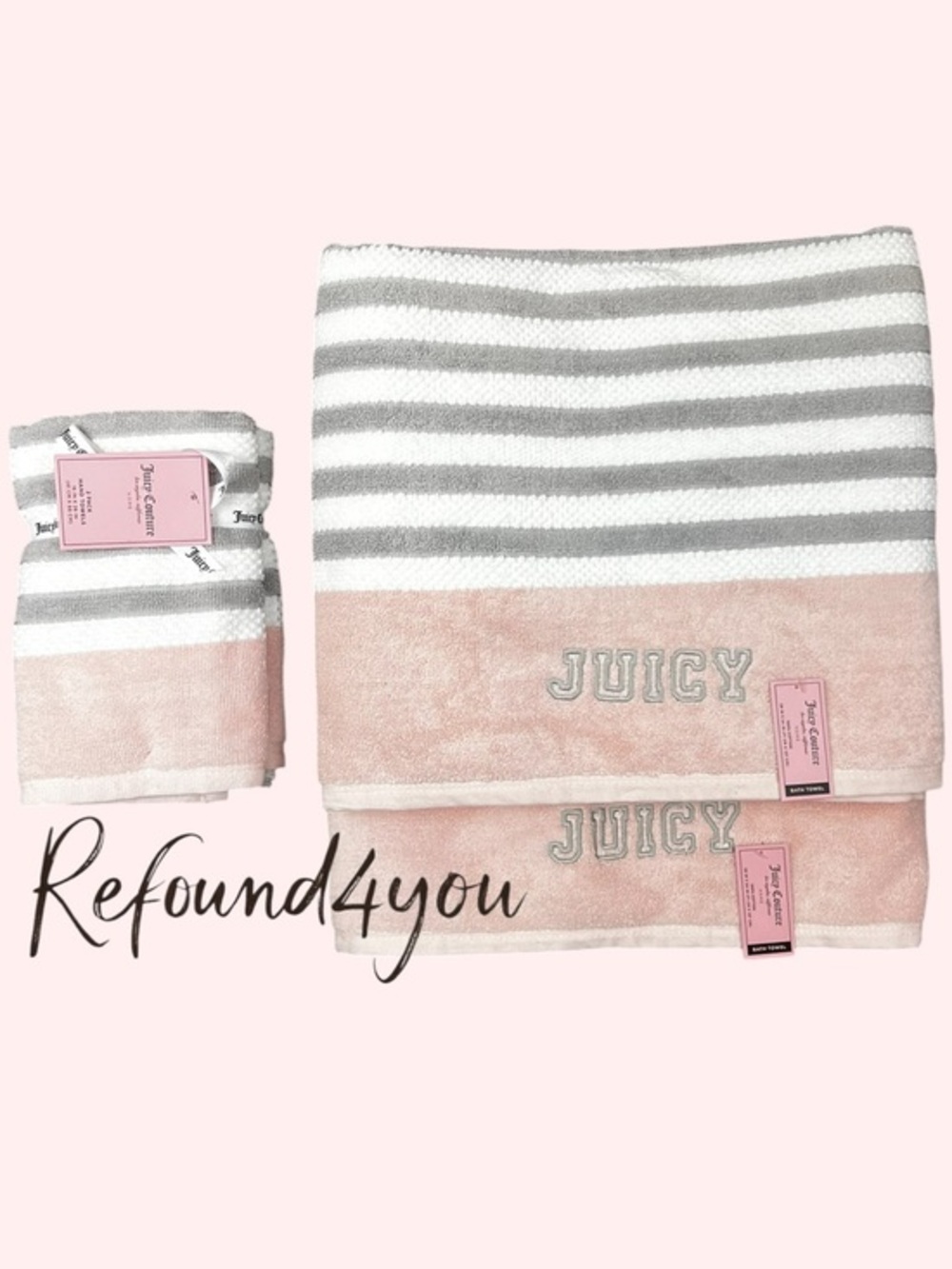 Juicy Couture - ‘Pink & Gray stripes’ Bath towel set. NWT. Firm!